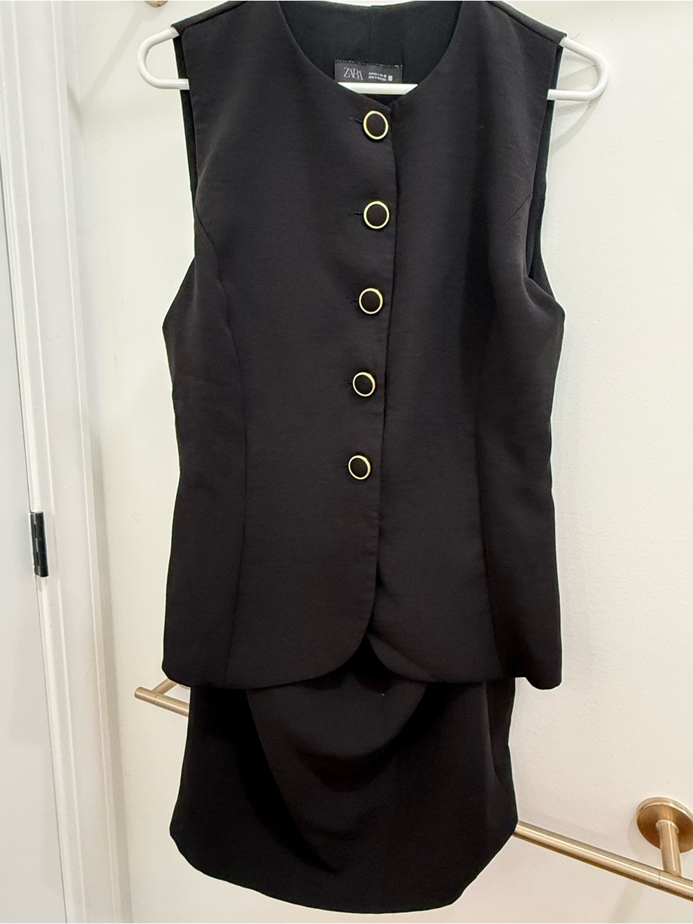 Zara Black Sleeveless Vest and Skirt Set with Gold Trim Buttons